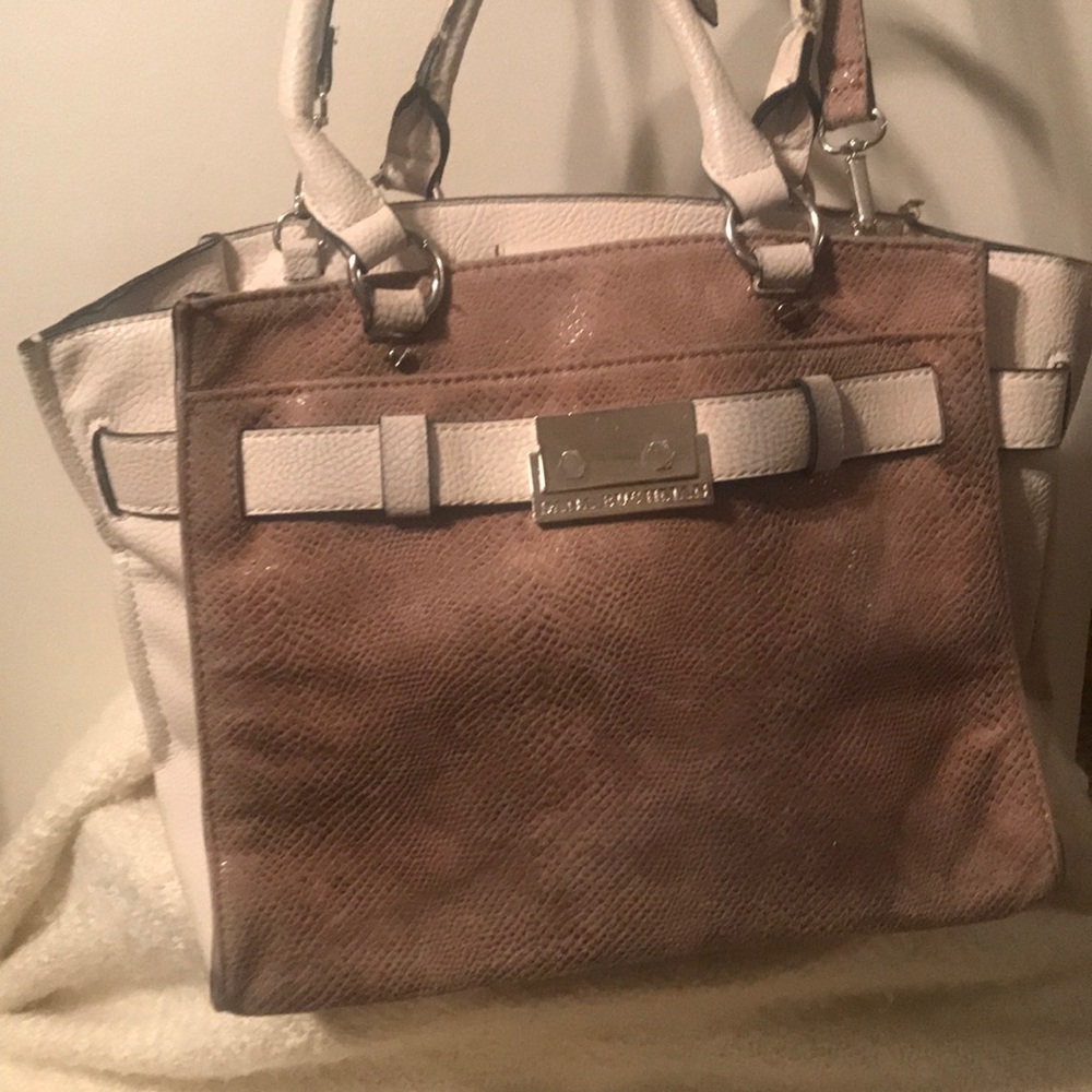 Taupe and cream snake skin and leather bag